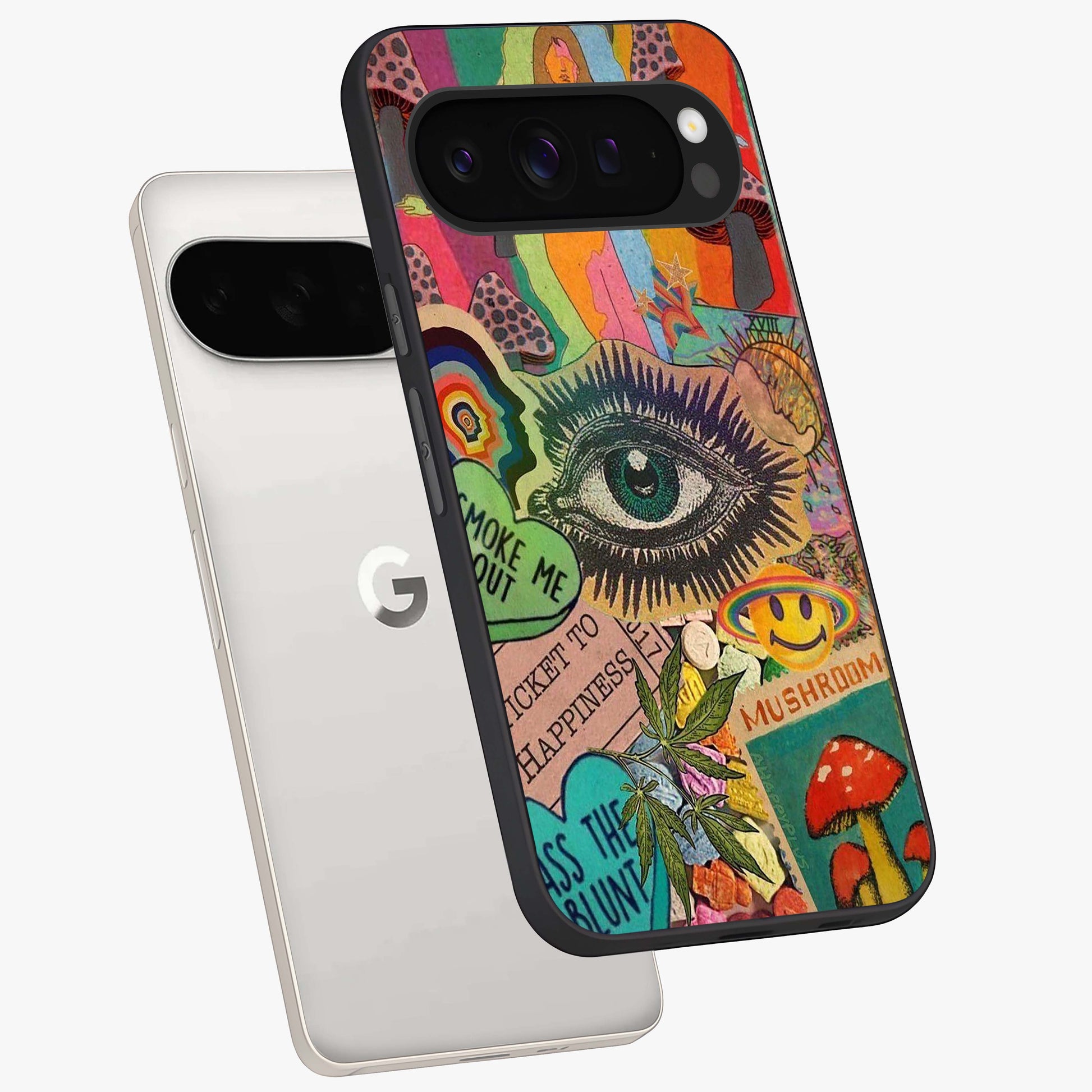 Mystic Eye Wonderland Glass Case displayed in angled mockup highlighting magical eye illustration with dreamy aesthetic.