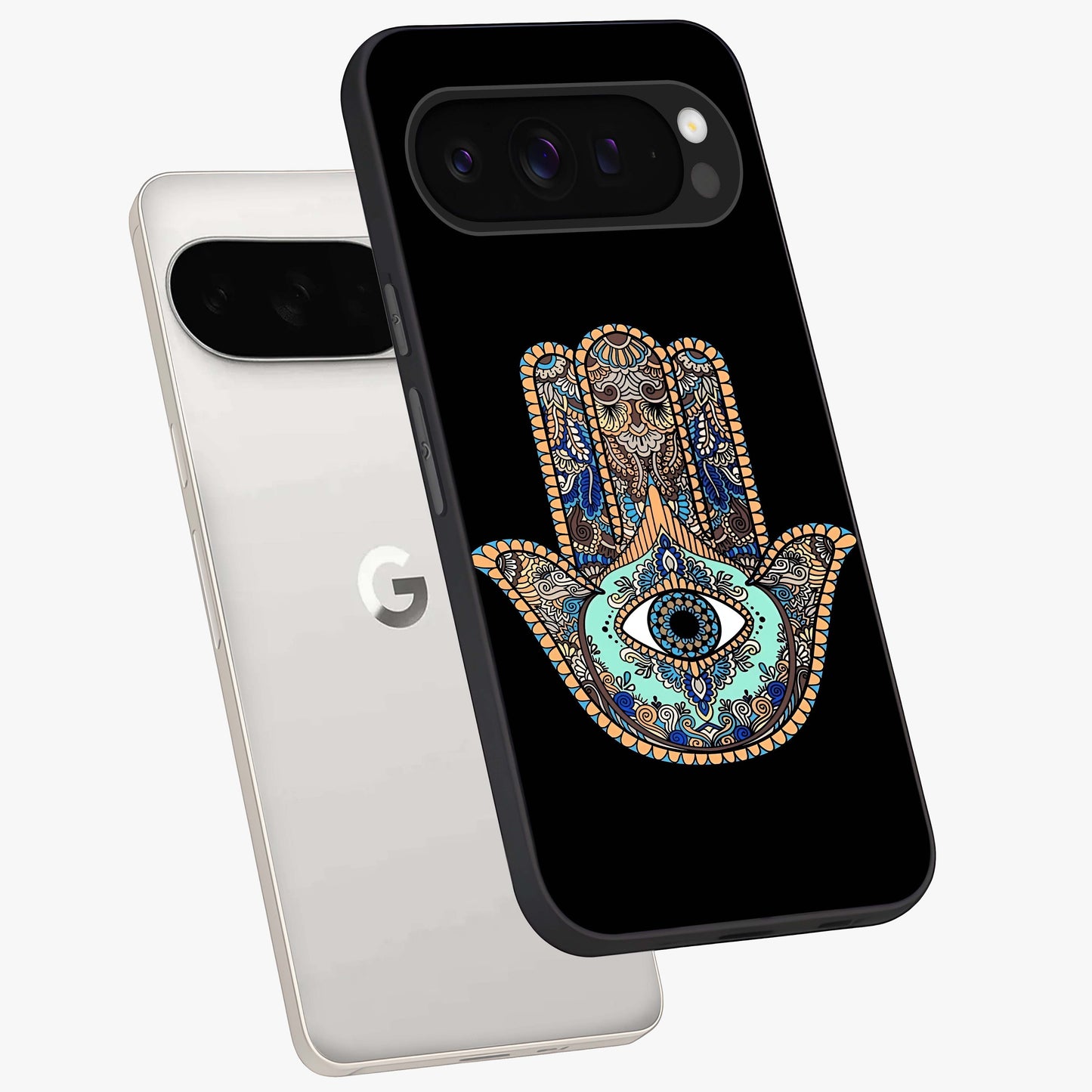 Mystic Hamsa Eye Glass Case displayed in angled mockup highlighting spiritual hamsa symbol with mystical aesthetic style.