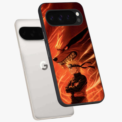 Nine Tails Legacy Glass Case displayed in angled mockup highlighting dynamic anime beast illustration with bold mystical aesthetic.