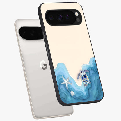 Ocean Drift Turtle Glass Case displayed in angled mockup highlighting peaceful ocean turtle illustration with marine aesthetic.