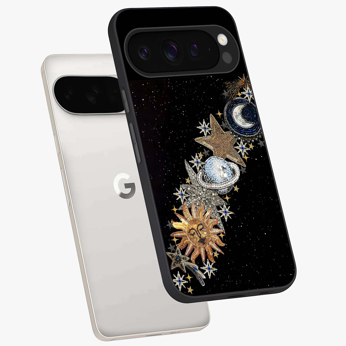 Pearls Universe Object Glass Case displayed in angled mockup highlighting celestial pearl design with dreamy aesthetic.