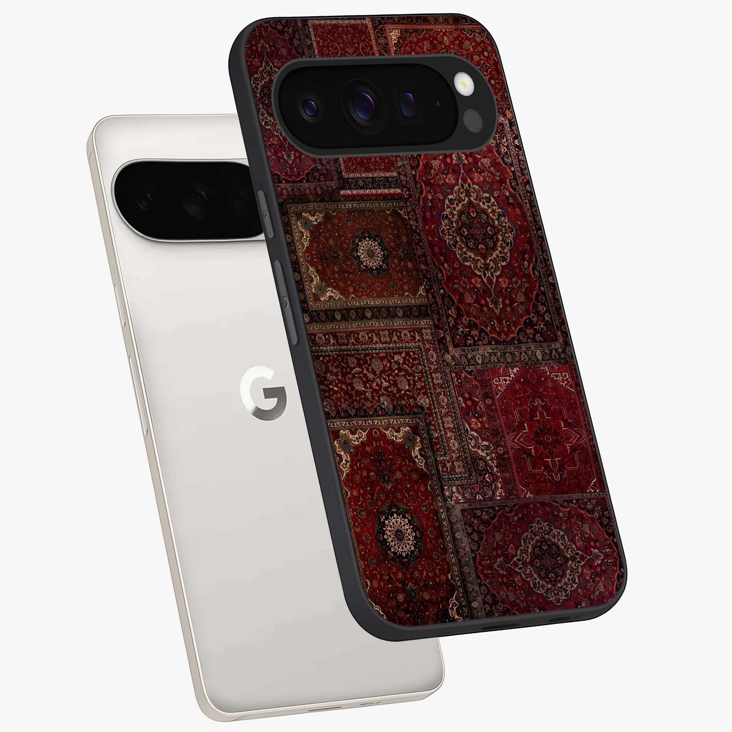 Persian Velvet Tale Glass Case displayed in angled mockup highlighting ornate textile inspired design with royal aesthetic.