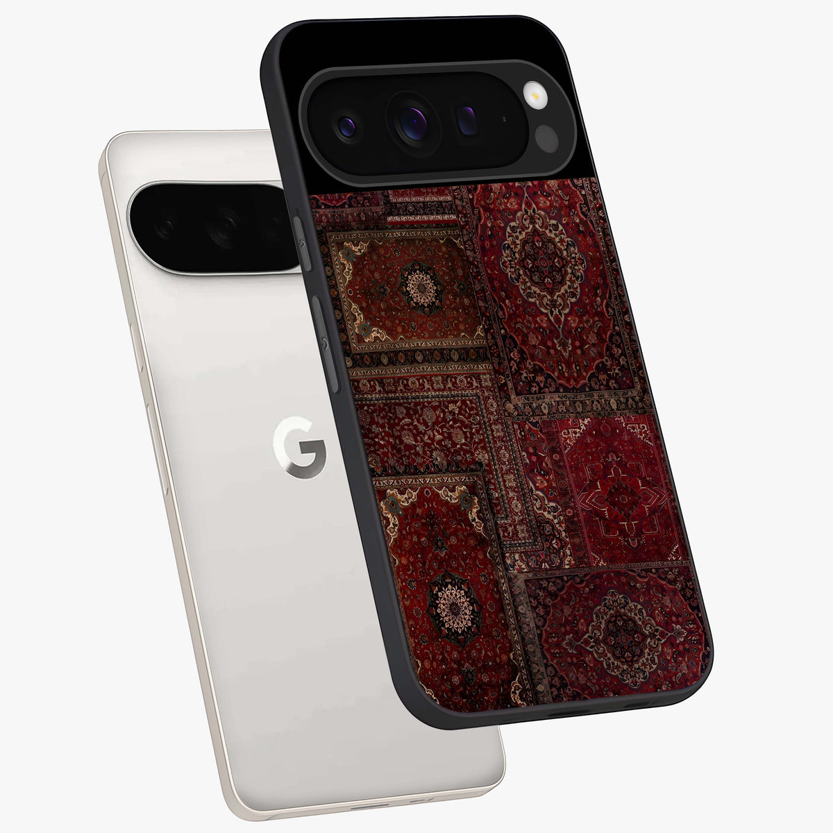 Persian Velvet Tale Glass Case displayed in angled mockup highlighting ornate textile inspired design with royal aesthetic.