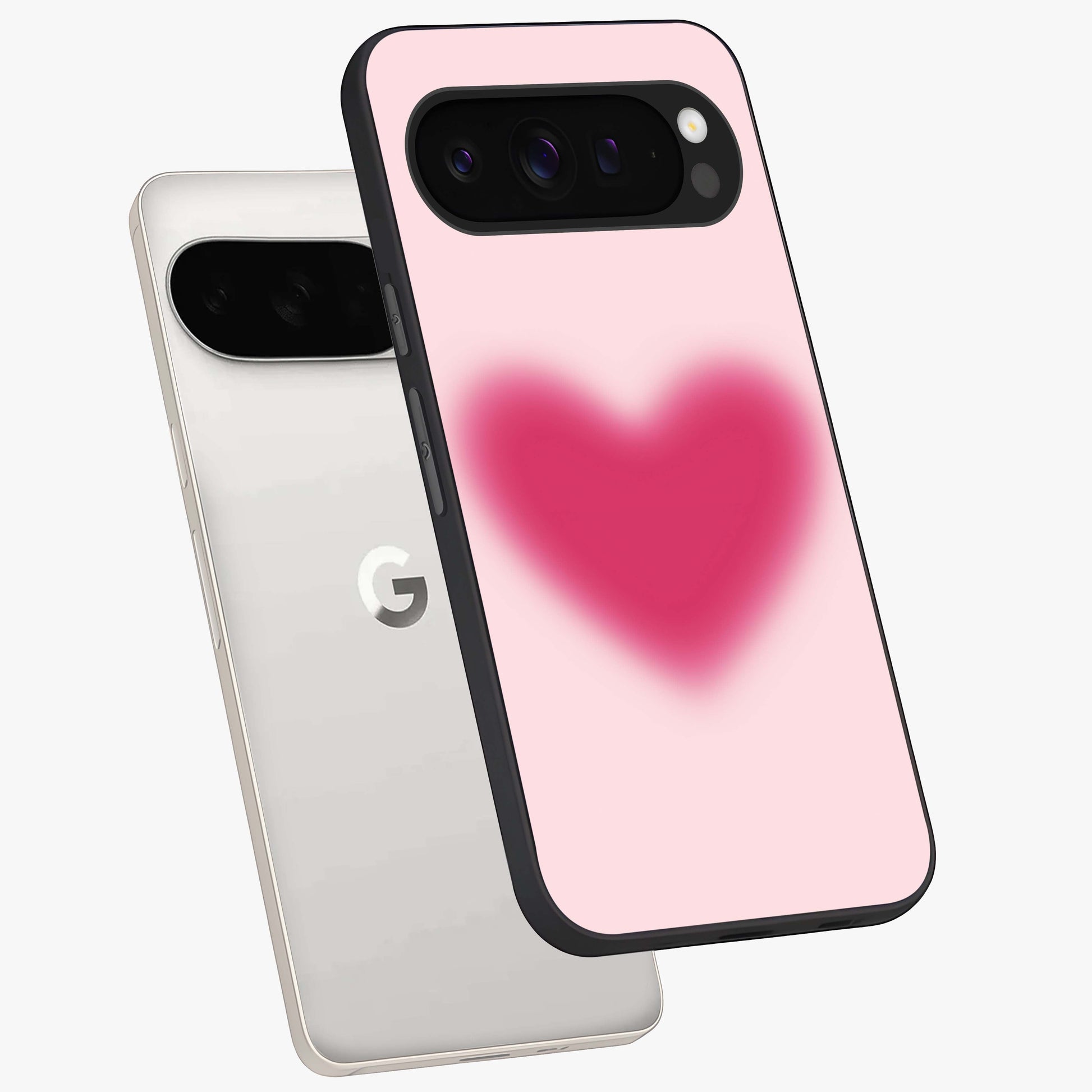 Pink Aura Heart Glass Case displayed in angled mockup highlighting vibrant pink heart design with dreamy aura aesthetic.