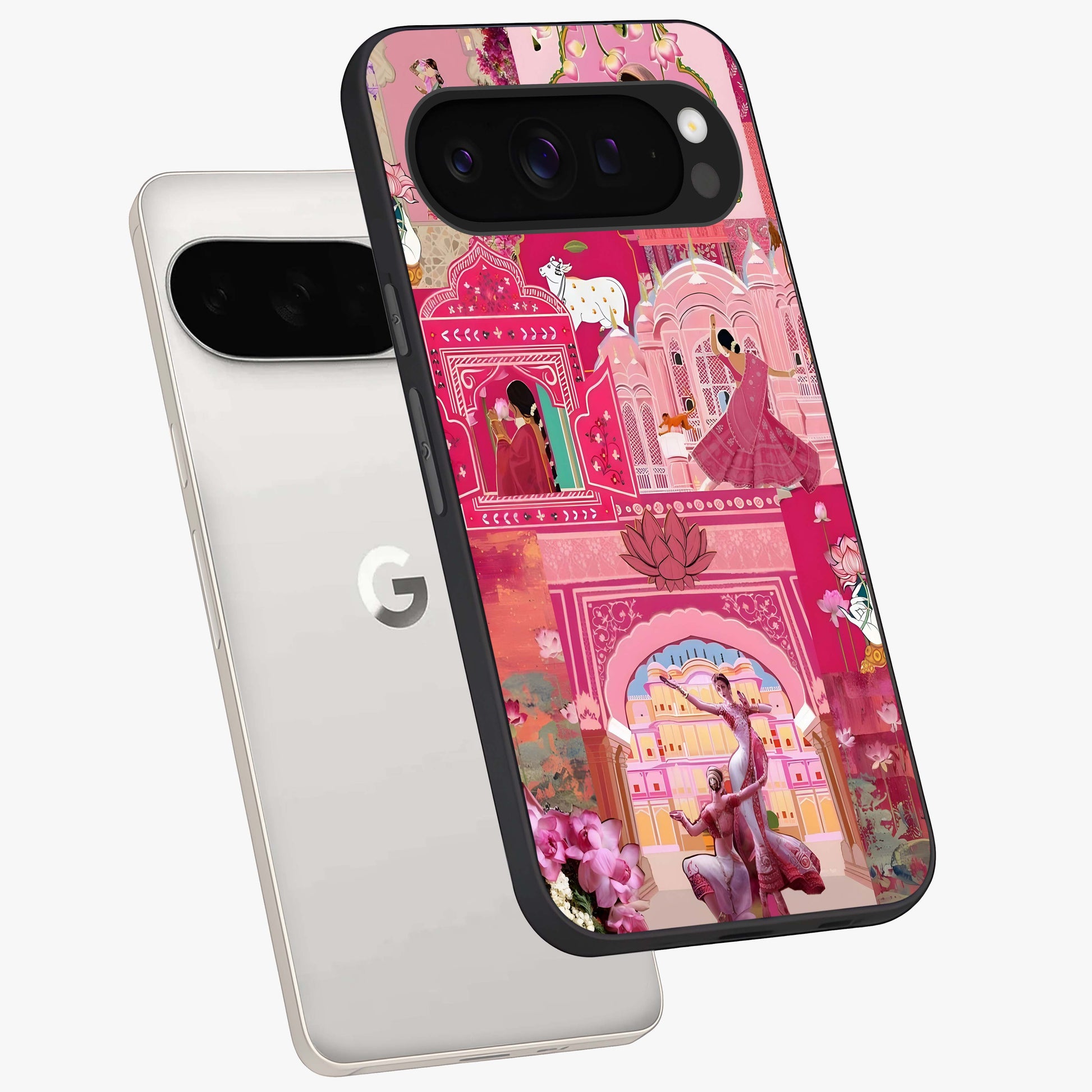 Pink Palace Muse Glass Case displayed in angled mockup highlighting dreamy palace illustration with soft pink aesthetic.