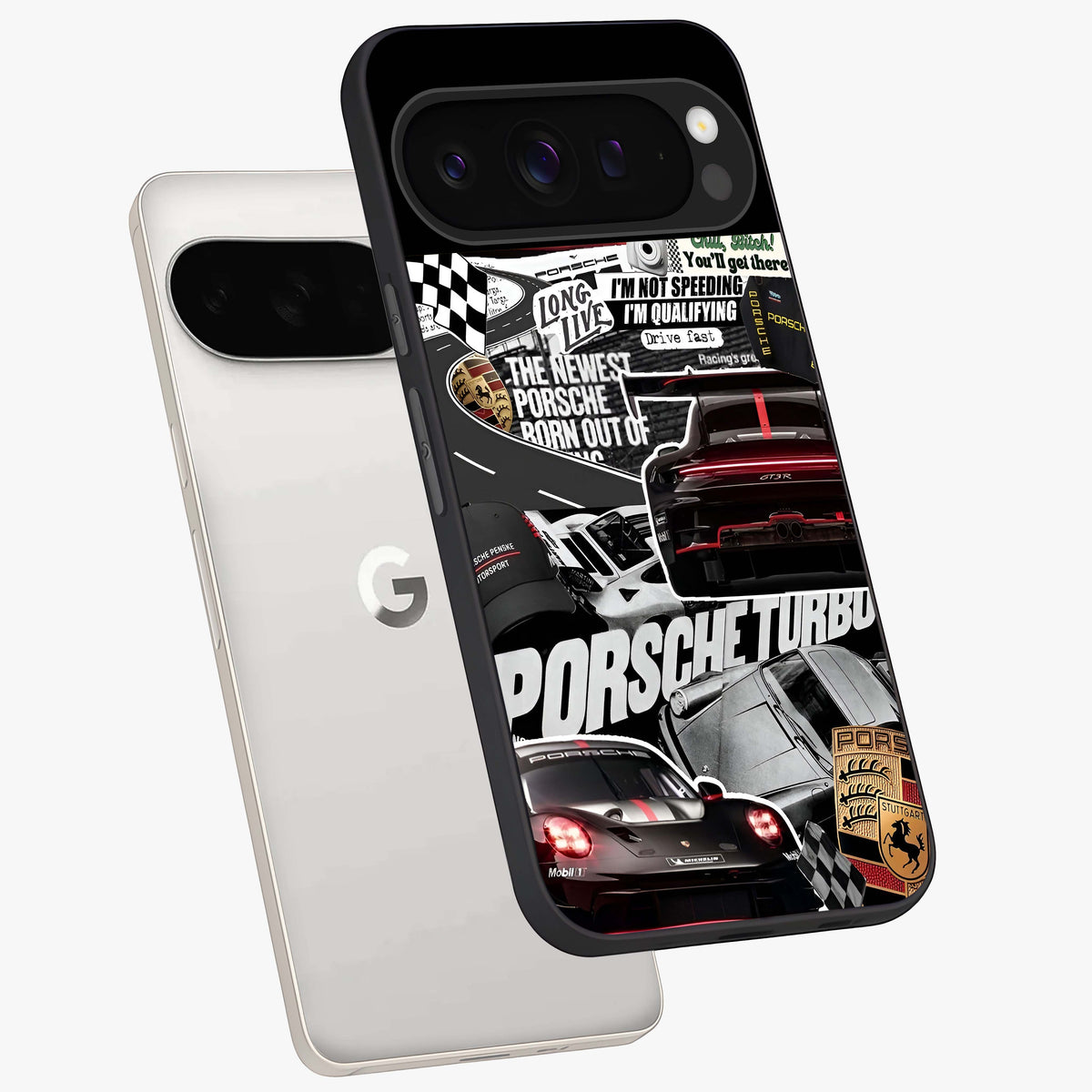 Porsche Racing Collage Glass Case displayed in angled mockup highlighting dynamic automotive design with bold racing aesthetic.