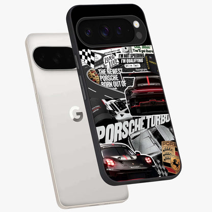 Porsche Racing Collage Glass Case displayed in angled mockup highlighting dynamic automotive design with bold racing aesthetic.
