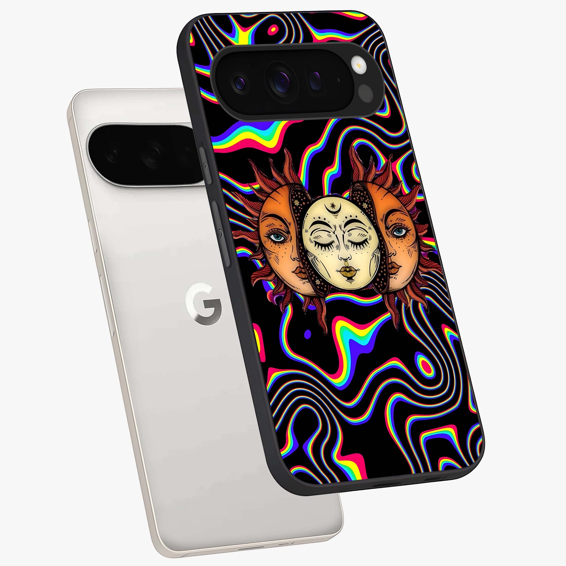 Psychedelic Sun Glass Case displayed in angled mockup highlighting vibrant abstract sun design with artistic aesthetic style.
