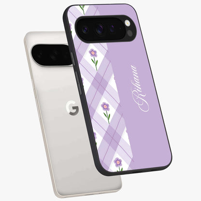 Purple Diamond Floral Glass Case displayed in angled mockup highlighting elegant purple flower design with decorative pattern.