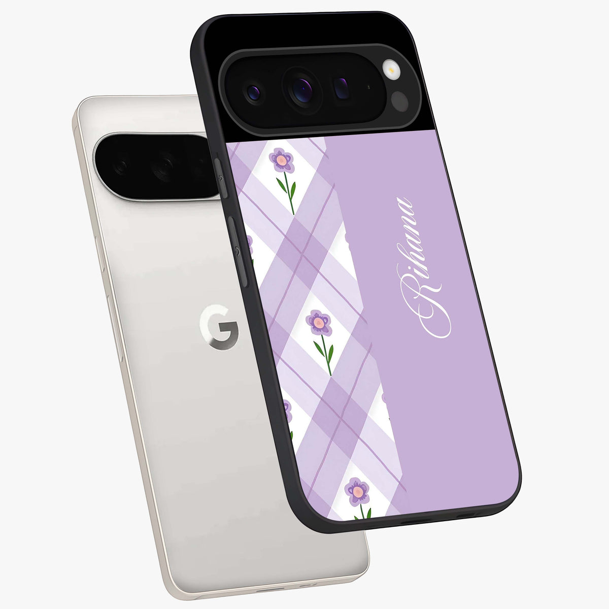 Purple Diamond Floral Glass Case displayed in angled mockup highlighting elegant purple flower design with decorative pattern.