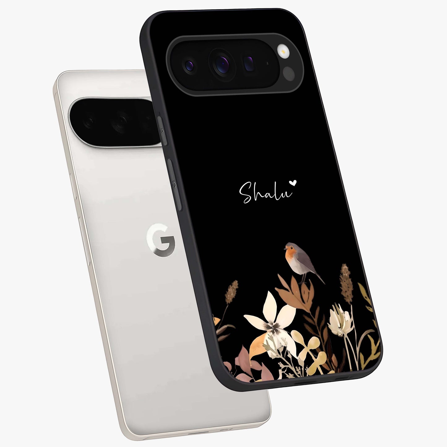 Quiet Garden Tune Custom Name Glass Case displayed in angled mockup highlighting delicate floral garden design with custom name feature.