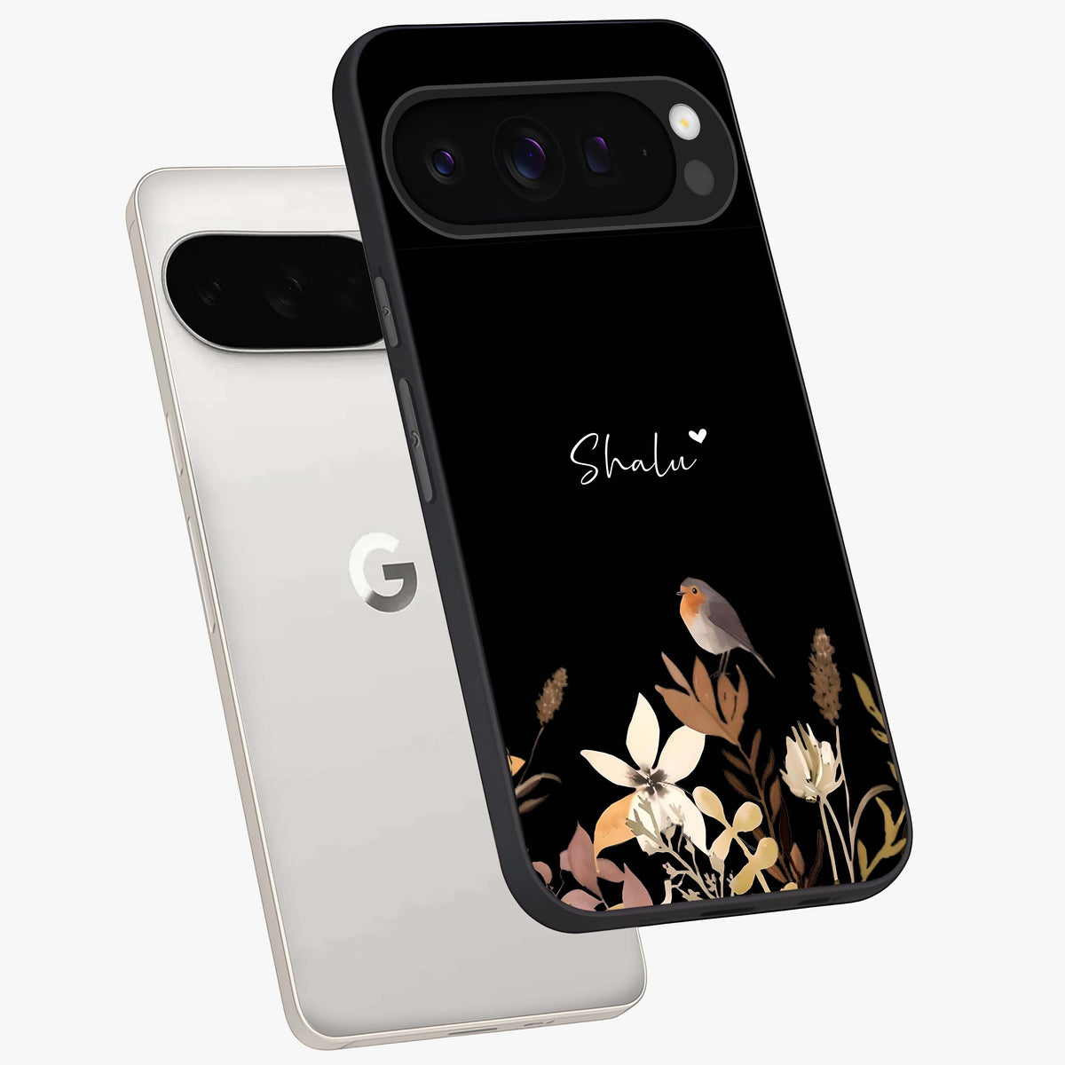 Quiet Garden Tune Custom Name Glass Case displayed in angled mockup highlighting delicate floral garden design with custom name feature.