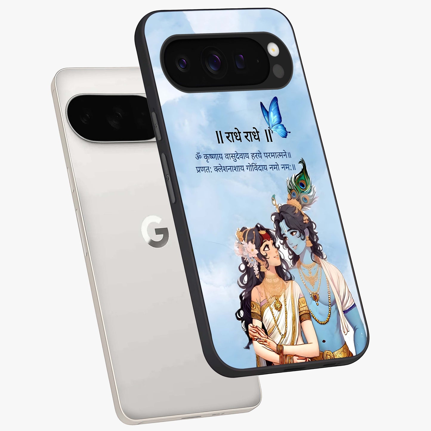 Radha Krishna Eternal Glass Case displayed in angled mockup highlighting divine Radha Krishna illustration with spiritual aesthetic.
