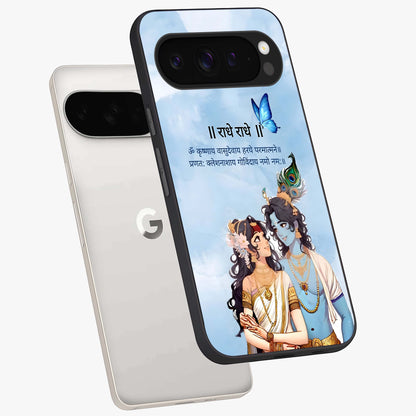 Radha Krishna Eternal Glass Case displayed in angled mockup highlighting divine Radha Krishna illustration with spiritual aesthetic.