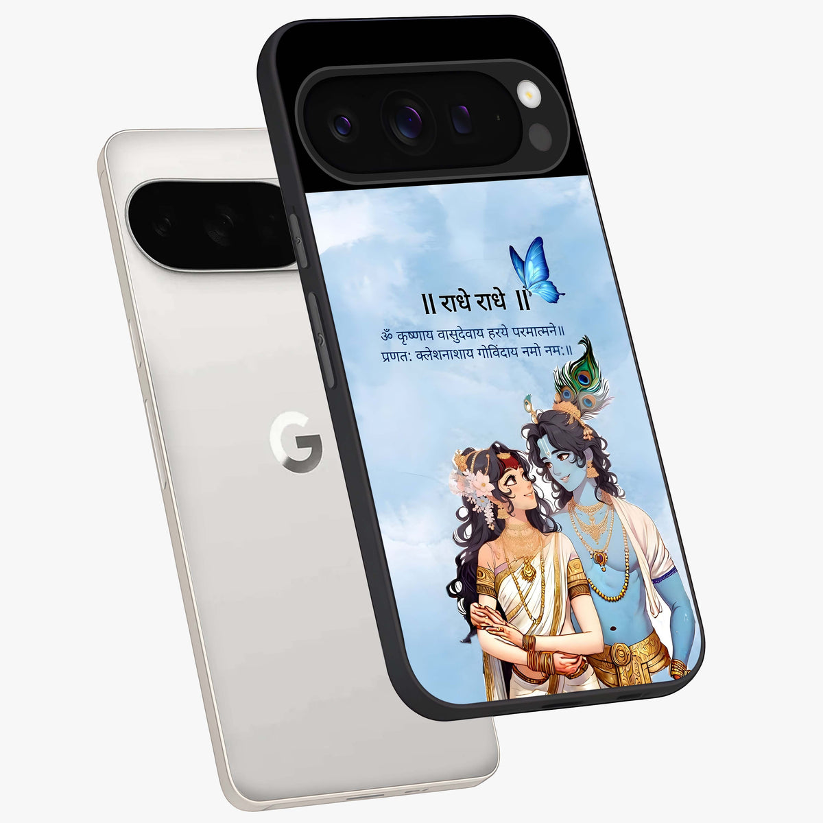 Radha Krishna Eternal Glass Case displayed in angled mockup highlighting divine Radha Krishna illustration with spiritual aesthetic.
