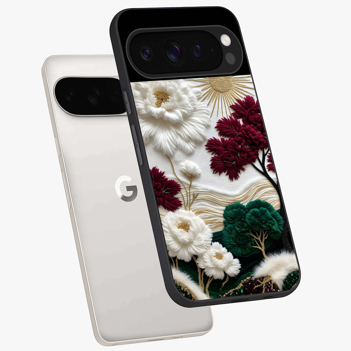 Radiant Bloom Elegance Glass Case displayed in angled mockup highlighting graceful floral design with radiant aesthetic style.