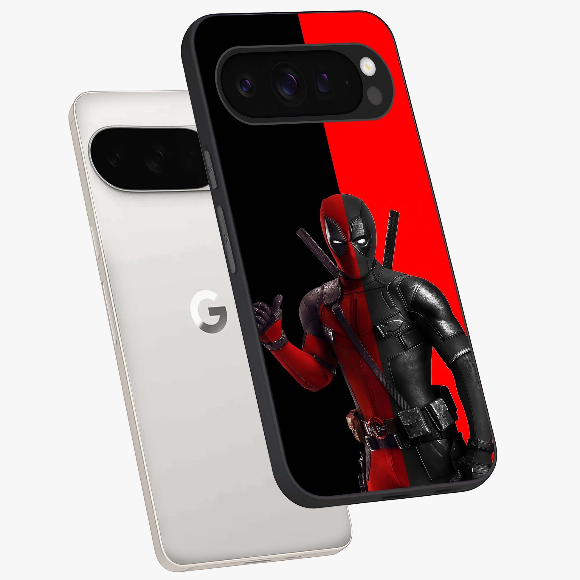 Red & Black Deadpool Theme Glass Case displayed in angled mockup highlighting vibrant superhero style illustration with action aesthetic.