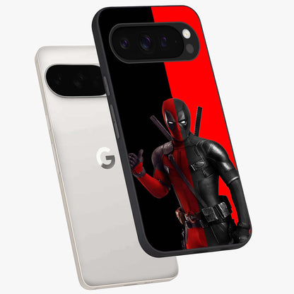 Red & Black Deadpool Theme Glass Case displayed in angled mockup highlighting vibrant superhero style illustration with action aesthetic.