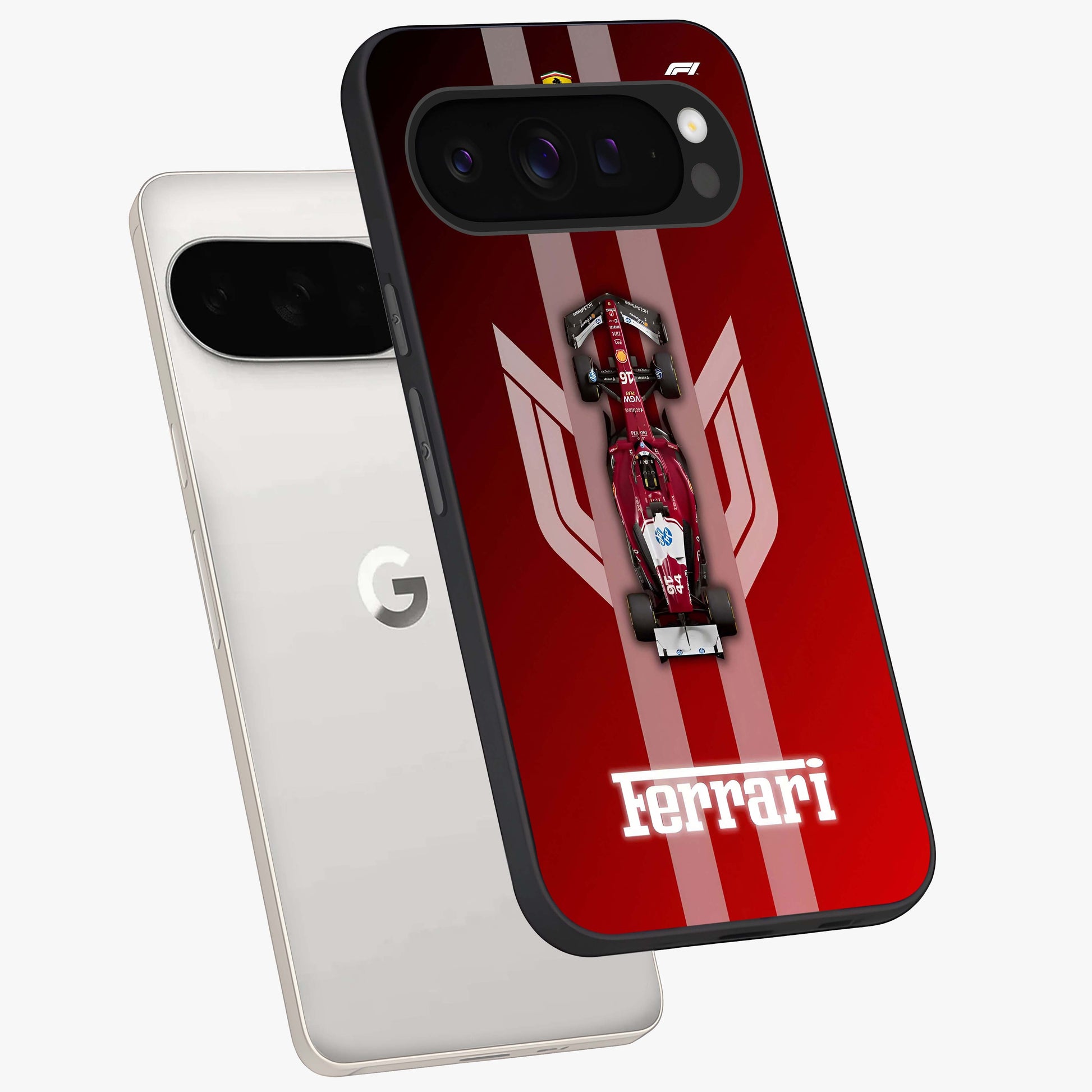 Red Ferrari F1 Vertical Glass Case displayed in angled mockup highlighting high speed racing design with bold automotive aesthetic.