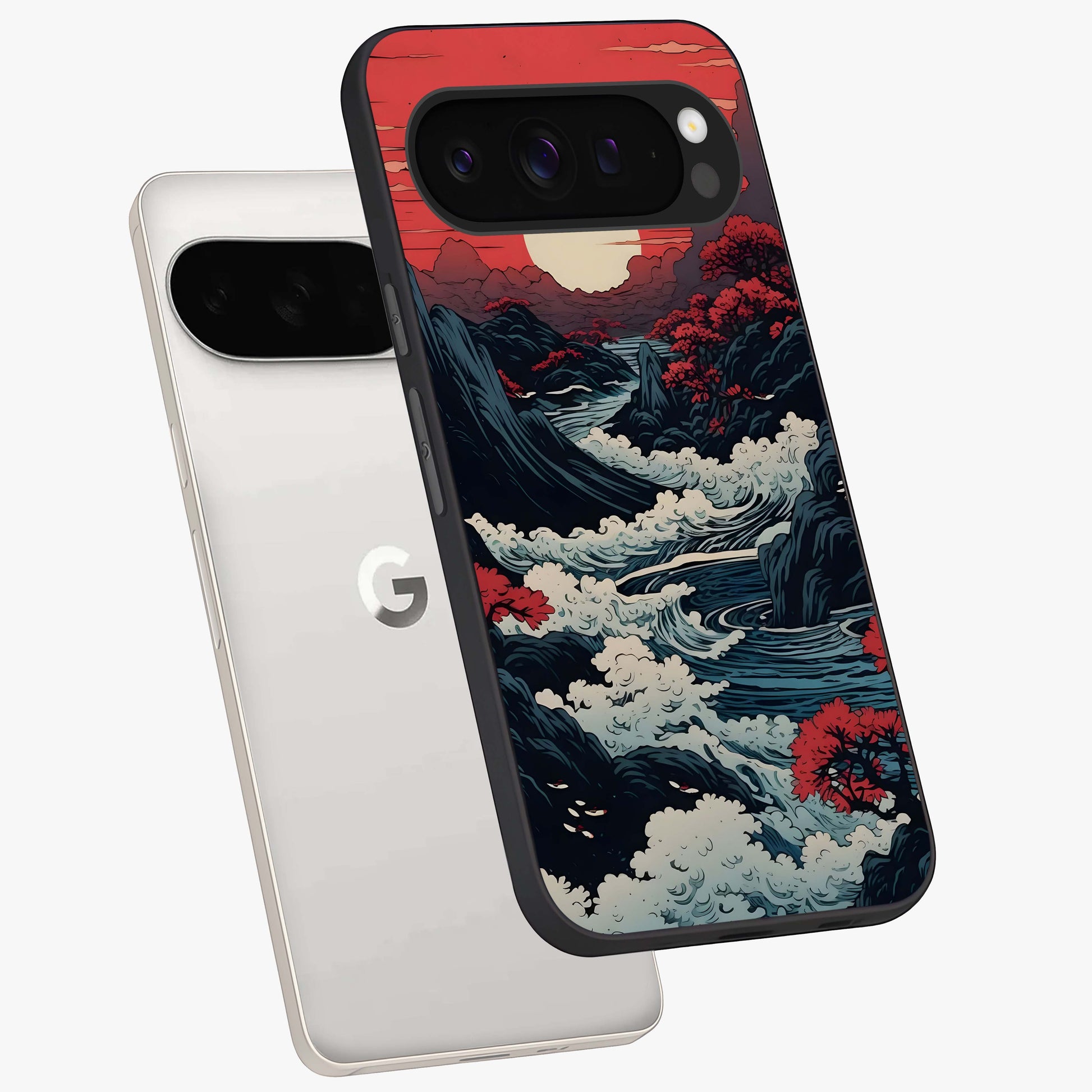 Red Sunset Scenery Glass Case displayed in angled mockup highlighting glowing sunset sky design with scenic aesthetic.