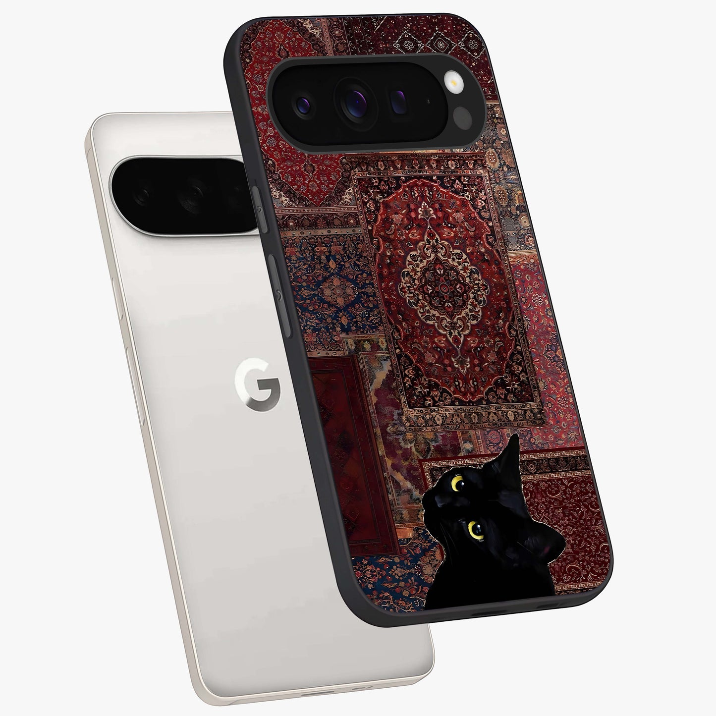 Regal Magic Cat Apple Glass Case displayed in angled mockup highlighting whimsical feline design with fantasy aesthetic.