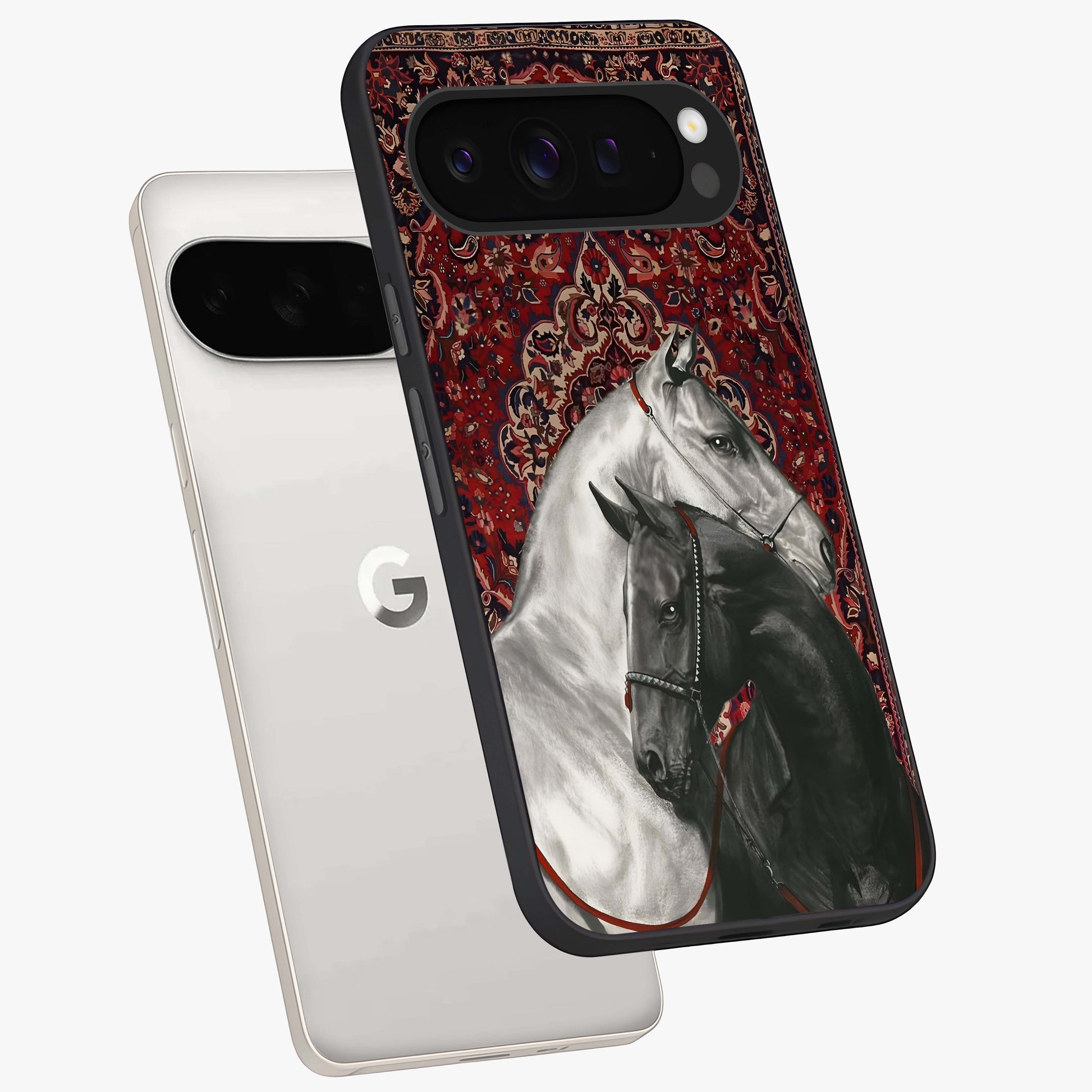 Regal Stallion Tapestry Glass Case displayed in angled mockup highlighting royal stallion design with decorative heritage aesthetic.