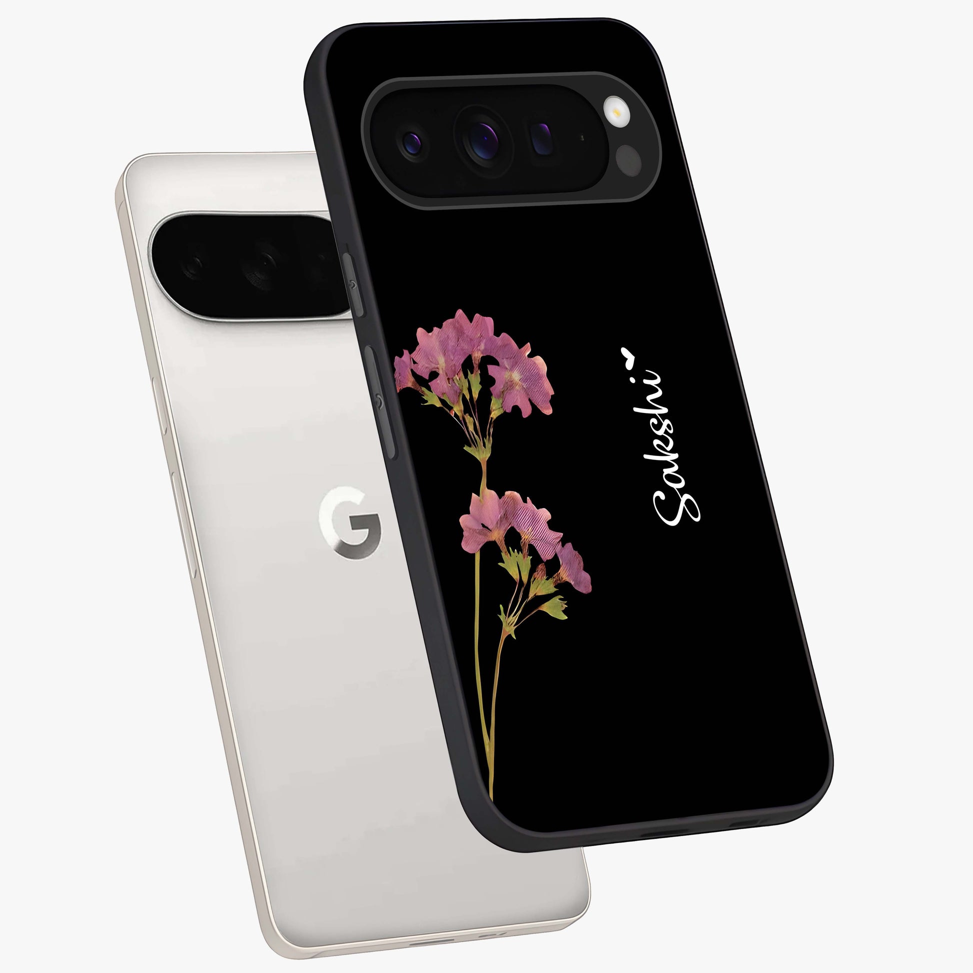Riching Lavender Flower Custom Name Glass Case displayed in angled mockup highlighting delicate lavender flower design with custom name feature.