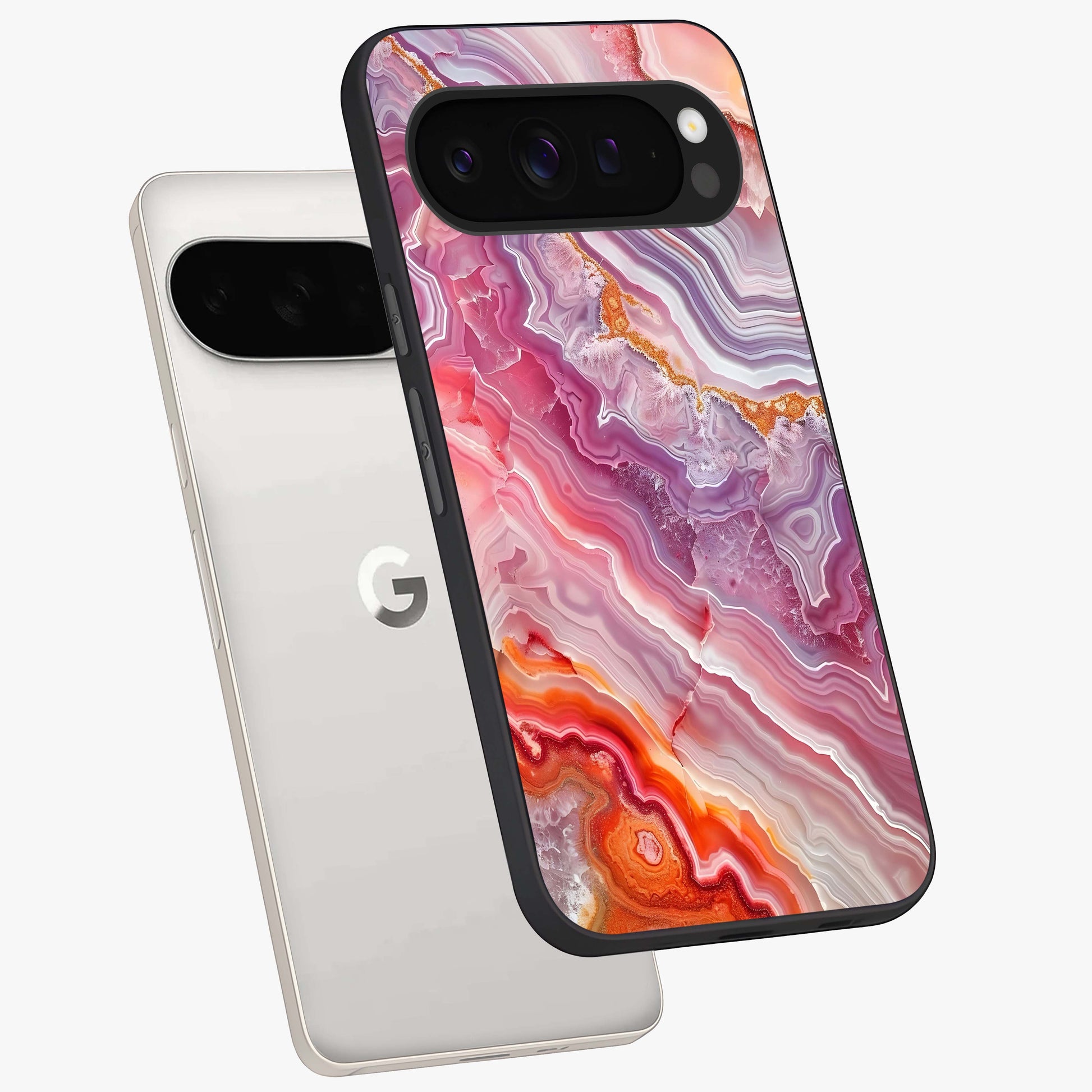 Rose Quartz Marble Glass Case displayed in angled mockup highlighting elegant marble pattern with soft aesthetic style.