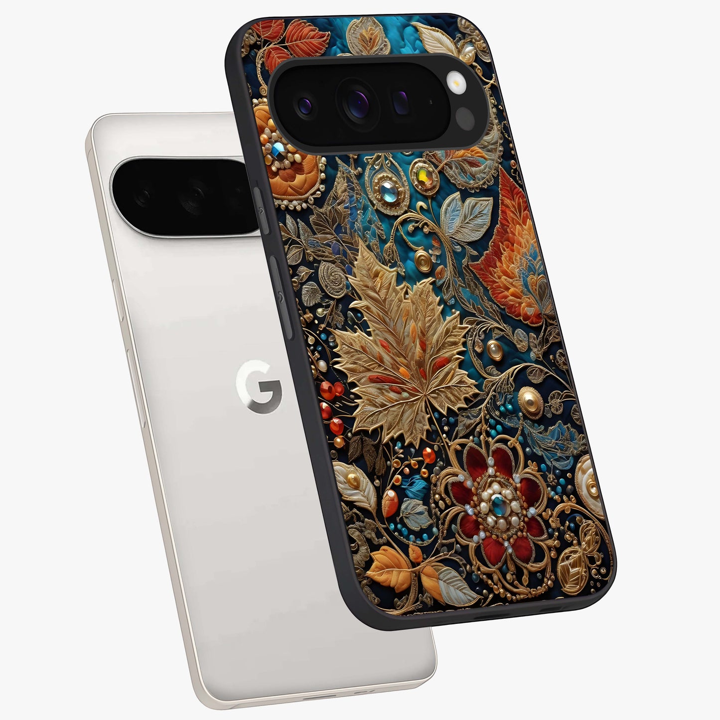 Royal Jewel Garden Glass Case displayed in angled mockup highlighting vibrant jewel inspired floral design with elegant aesthetic.