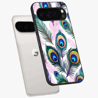 Royal Peacock Feathers Glass Case displayed in angled mockup highlighting vibrant feather pattern with regal aesthetic style.