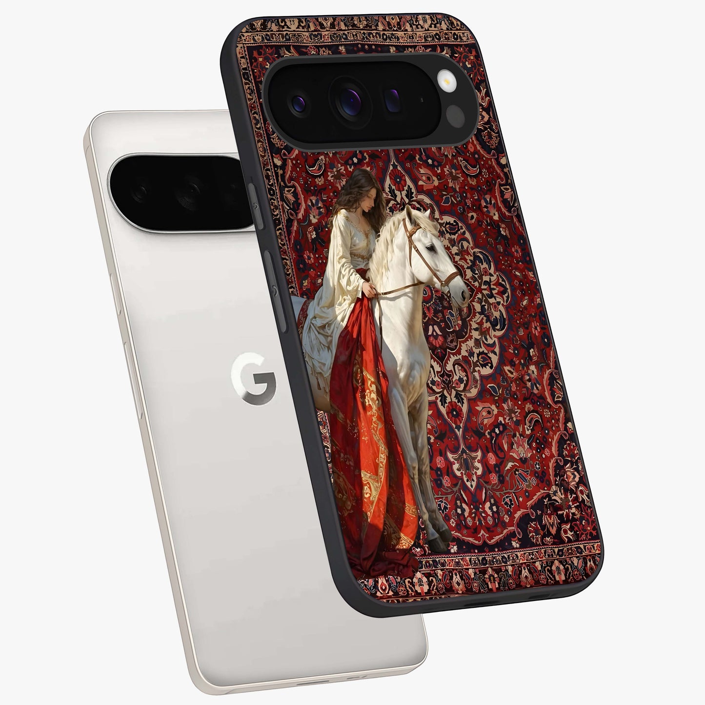 Royal Rider Tapestry Glass Case displayed in angled mockup highlighting traditional tapestry design with royal heritage aesthetic.