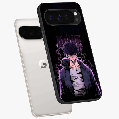 Shadow Monarch Awakening Glass Case displayed in angled mockup highlighting dramatic shadow warrior design with fantasy aesthetic.
