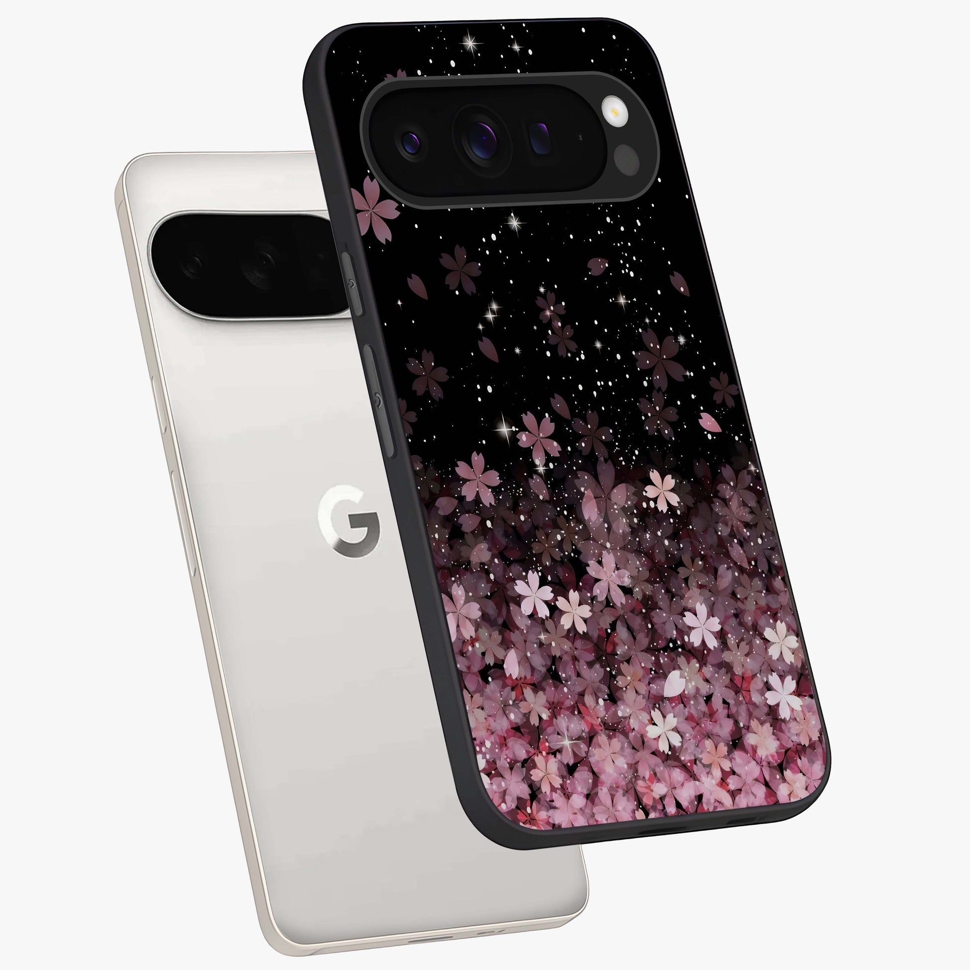 Small Starry Flowers Glass Case displayed in angled mockup highlighting tiny flower pattern with celestial aesthetic style.