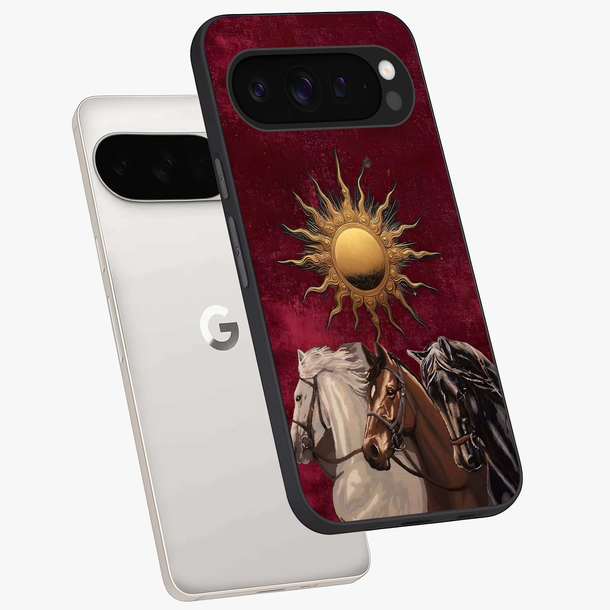 Solar Riders Glass Case displayed in angled mockup highlighting powerful rider illustration with radiant solar aesthetic.