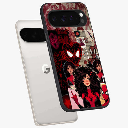 Spider Love Story Glass Case displayed in angled mockup highlighting expressive comic inspired design with playful aesthetic.