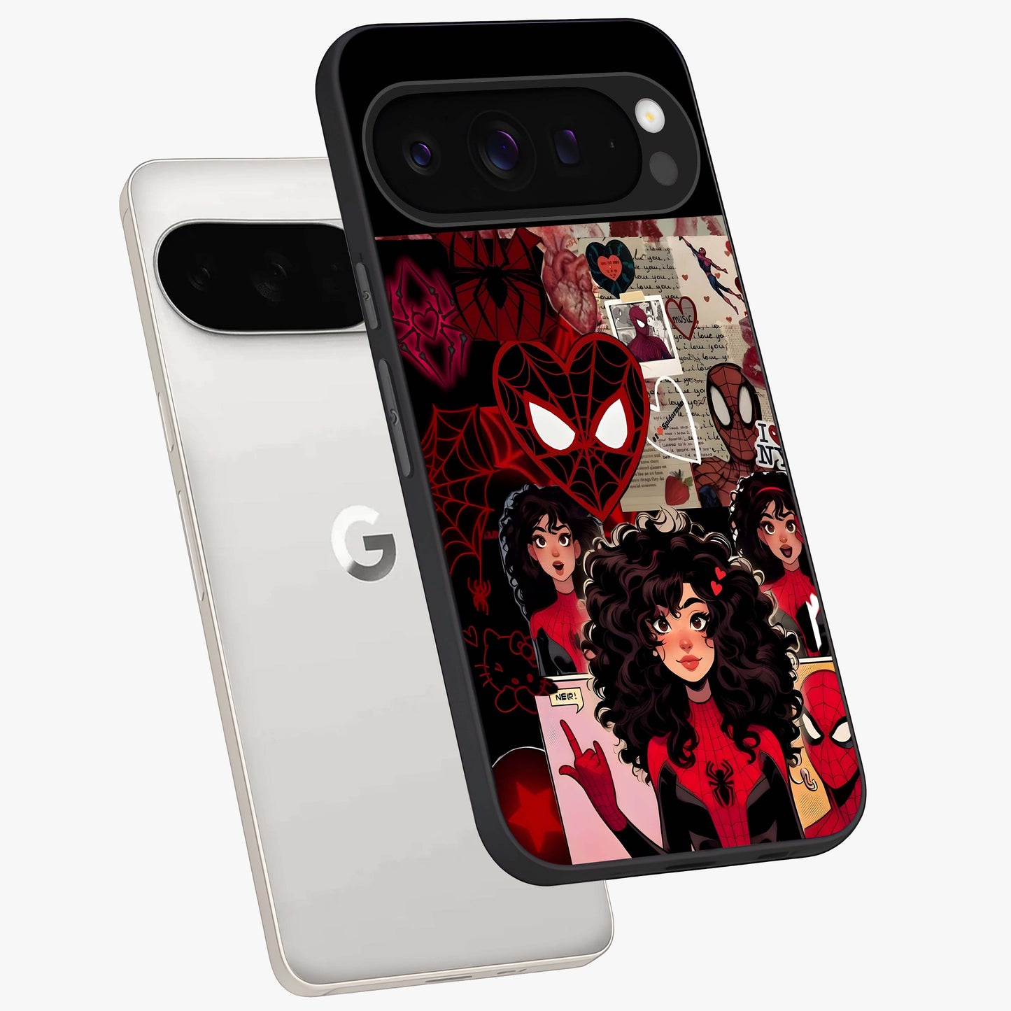 Spider Love Story Glass Case displayed in angled mockup highlighting expressive comic inspired design with playful aesthetic.