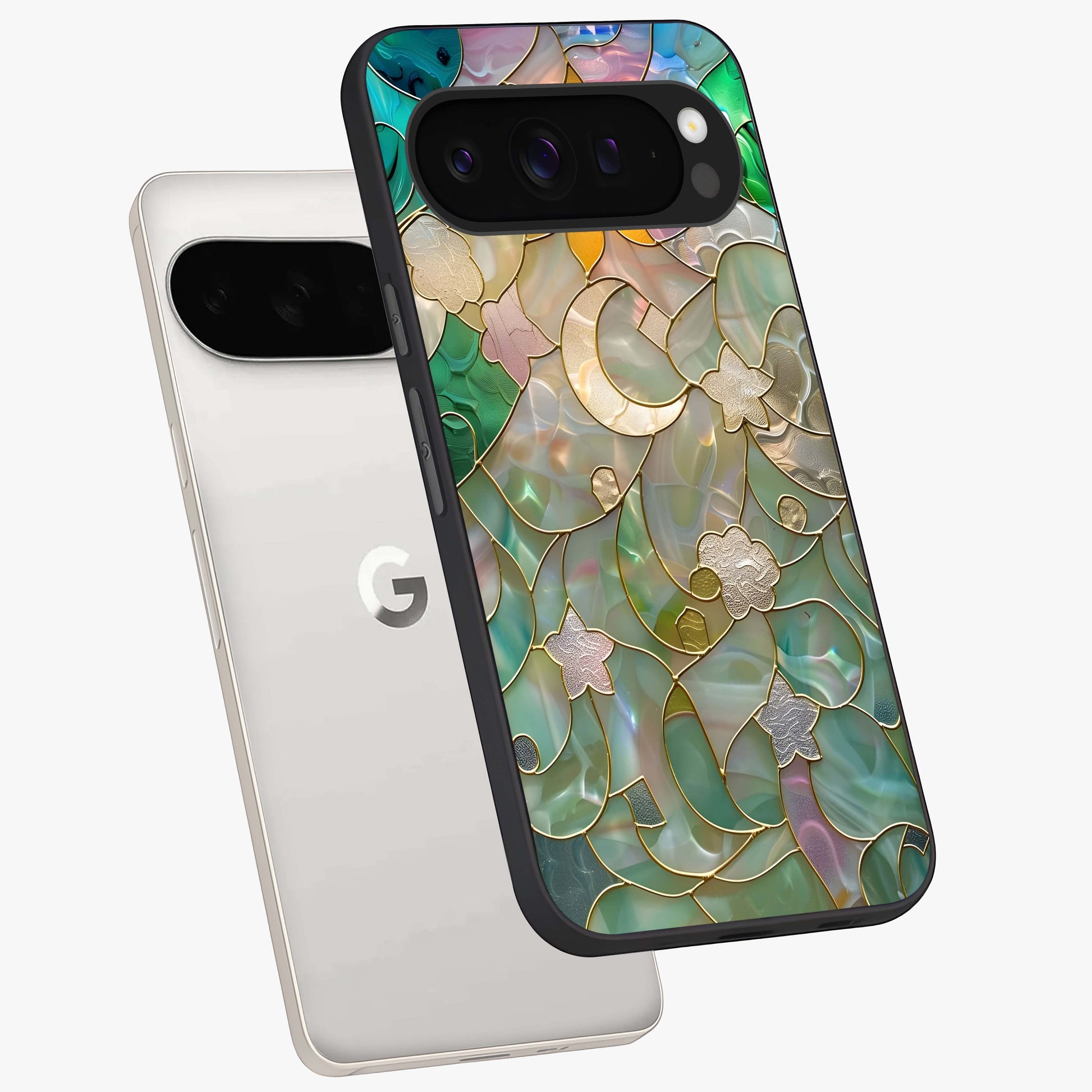 Stained Sunrise Glow Glass Case displayed in angled mockup highlighting radiant sunrise design with artistic aesthetic style.