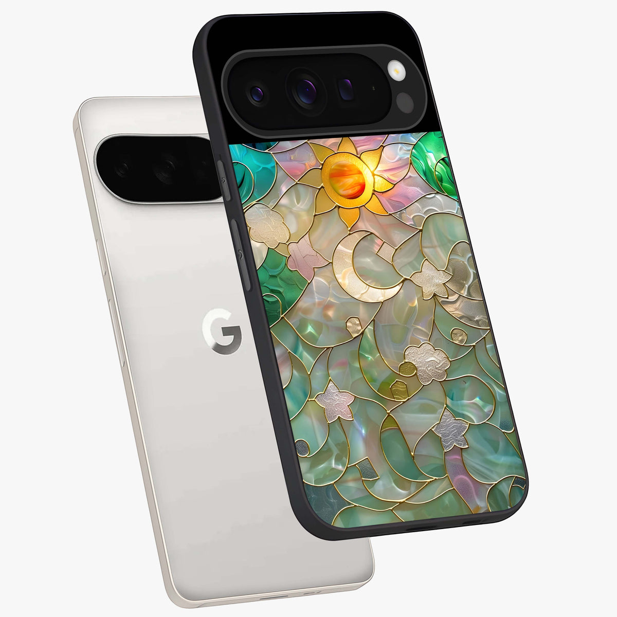Stained Sunrise Glow Glass Case displayed in angled mockup highlighting radiant sunrise design with artistic aesthetic style.