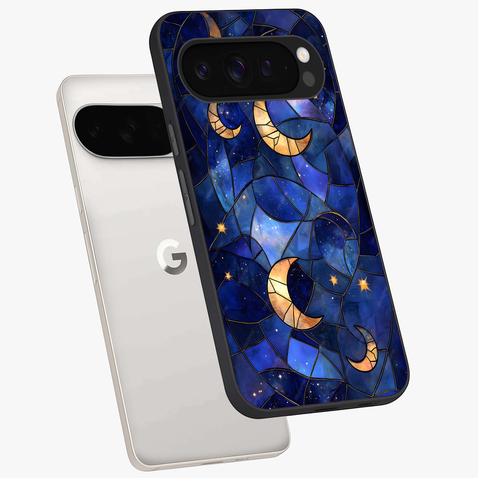 Starlit Sky Tapestry Glass Case displayed in angled mockup highlighting celestial night pattern with artistic aesthetic style.
