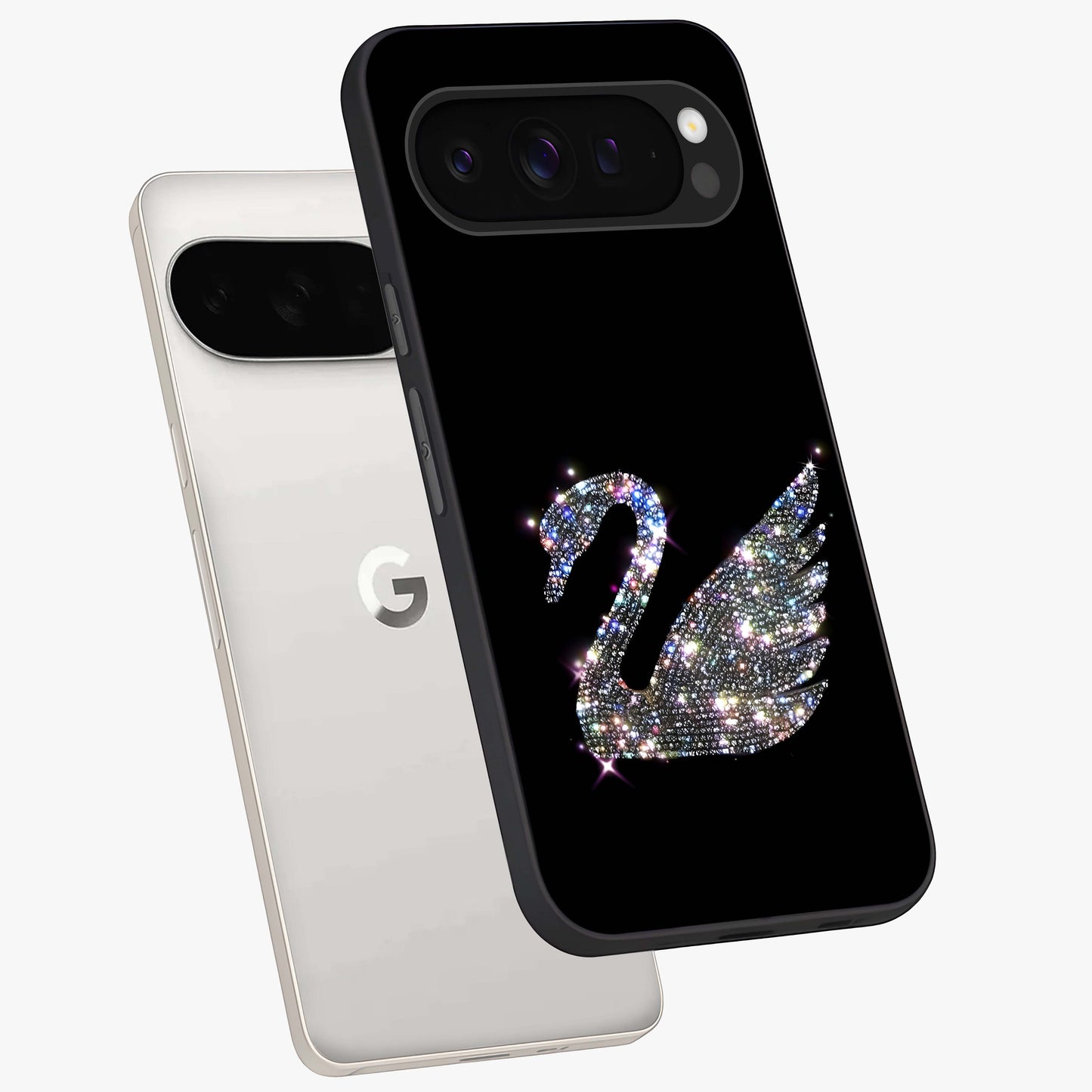 Starlit Swan Grace Glass Case displayed in angled mockup highlighting elegant swan illustration with dreamy celestial aesthetic.