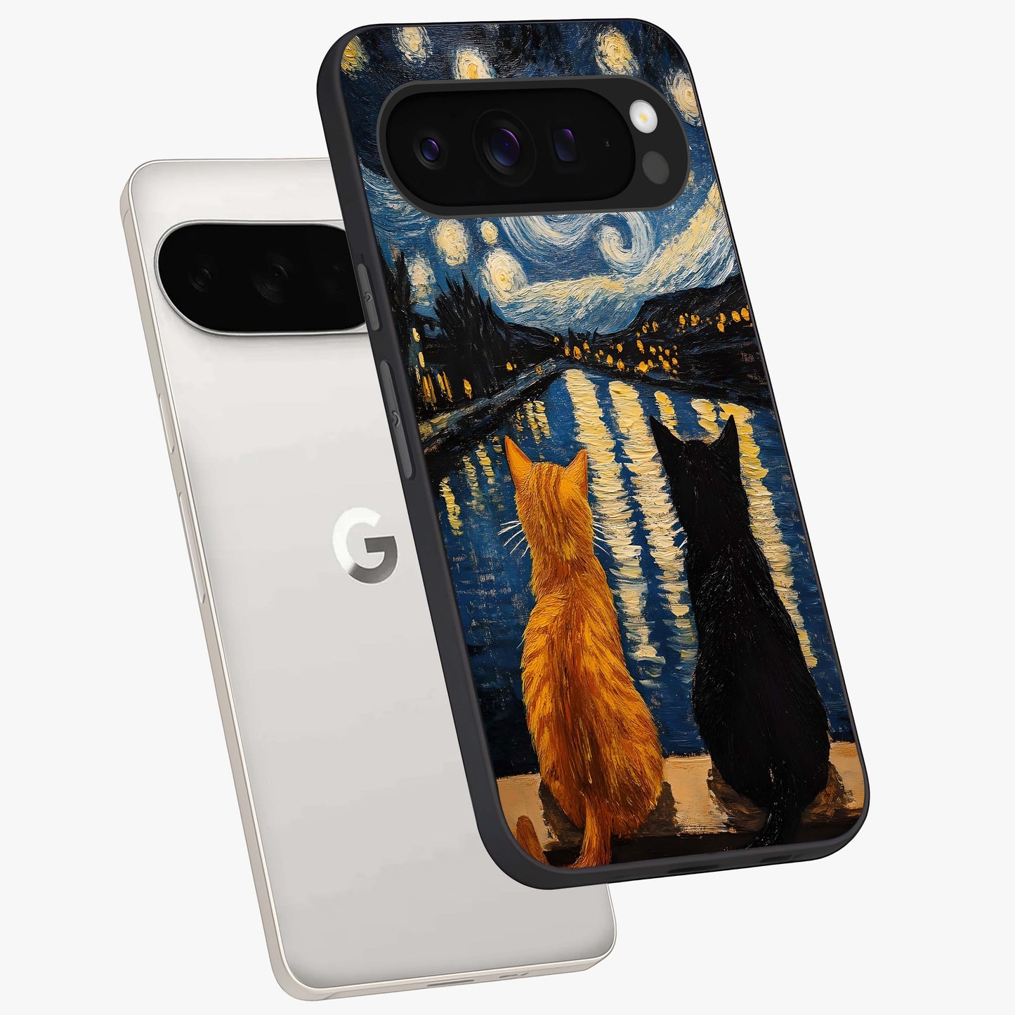 Starry River Cats Glass Case displayed in angled mockup highlighting charming feline illustration with dreamy night aesthetic.