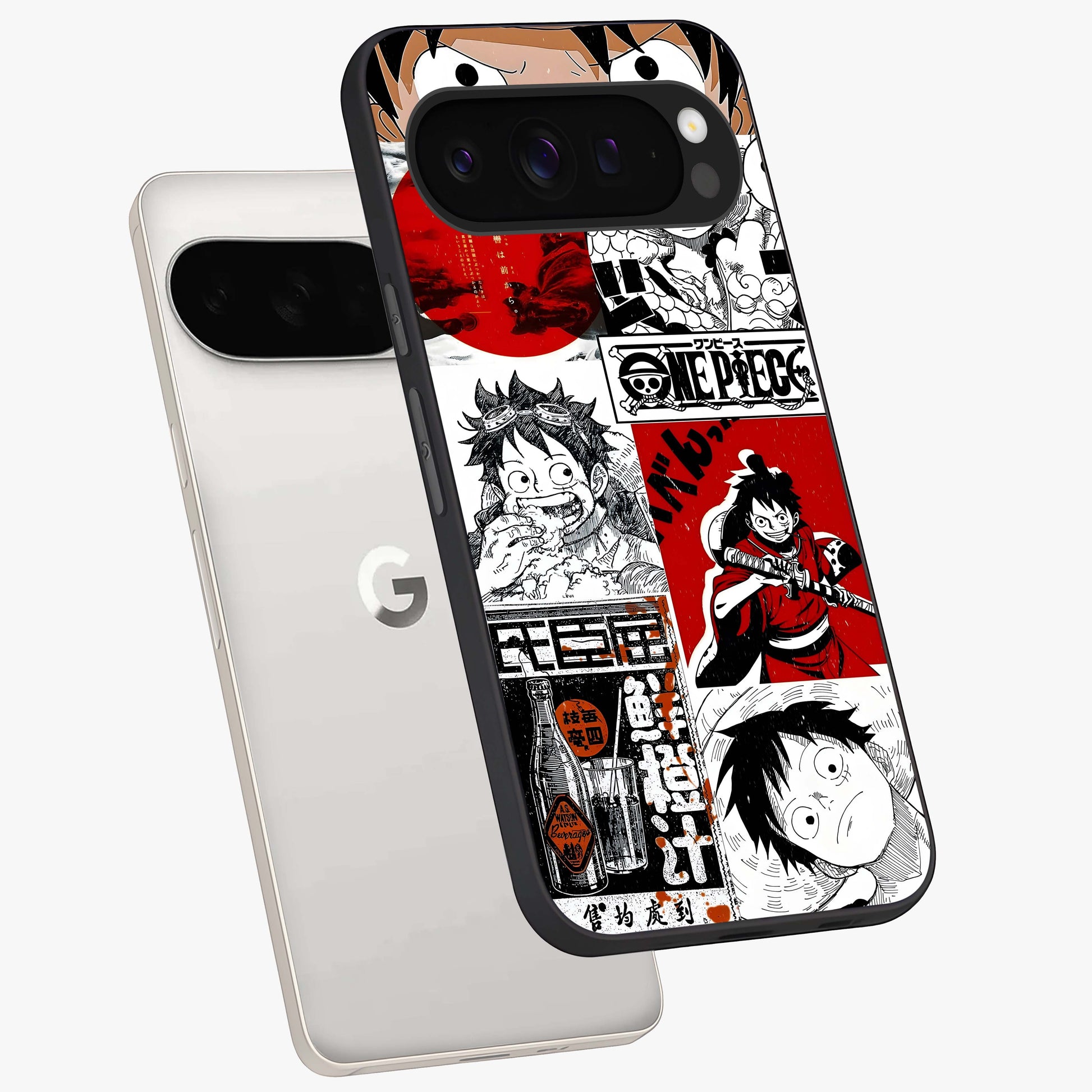 Strawhat Chaos Panels Glass Case displayed in angled mockup highlighting vibrant anime collage design with action aesthetic.