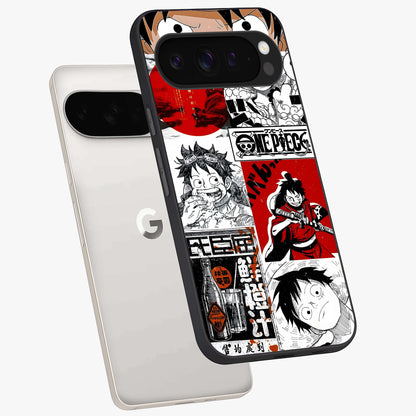 Strawhat Chaos Panels Glass Case displayed in angled mockup highlighting vibrant anime collage design with action aesthetic.