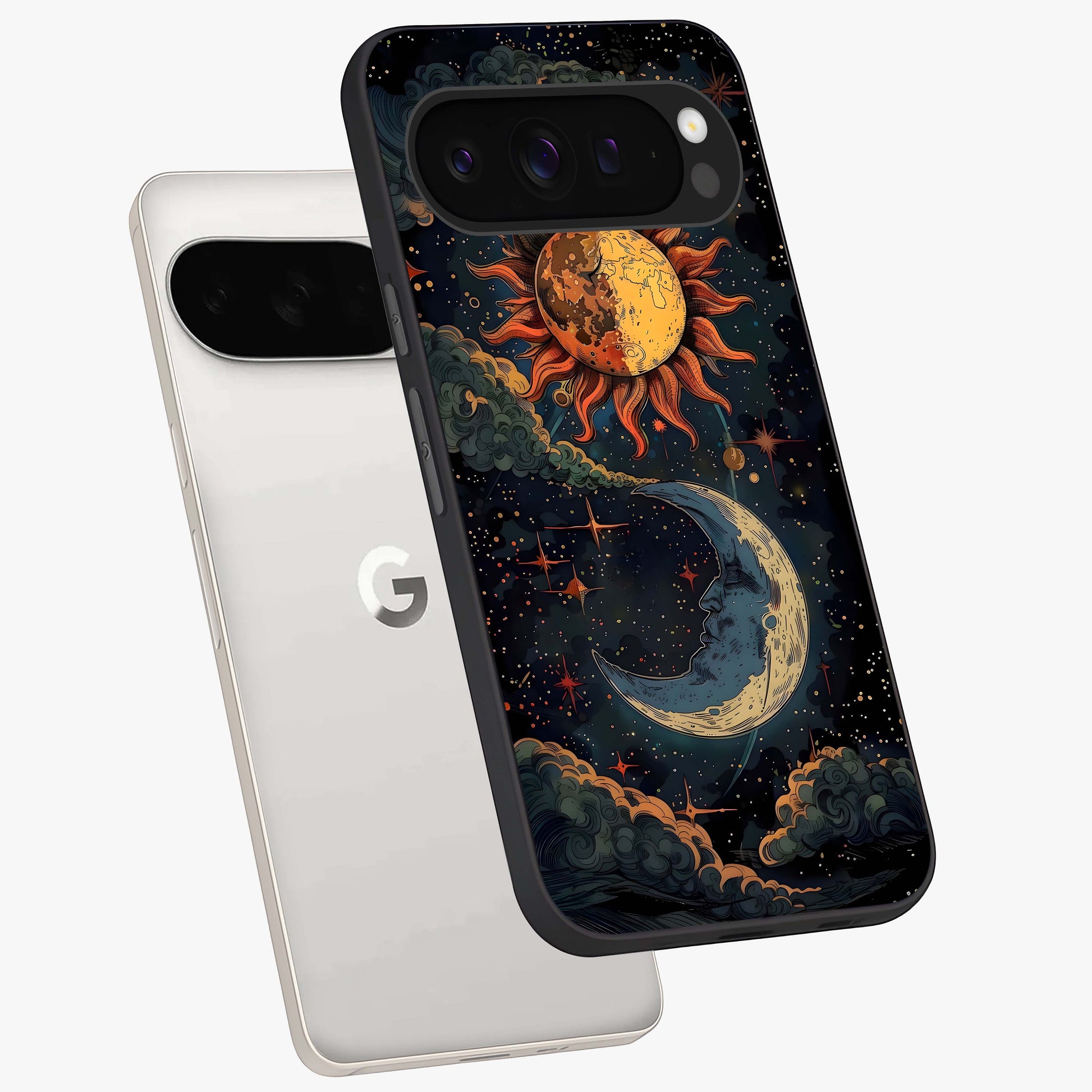 Sun And Moon Magic Design Glass Case displayed in angled mockup highlighting celestial design with magical cosmic aesthetic.