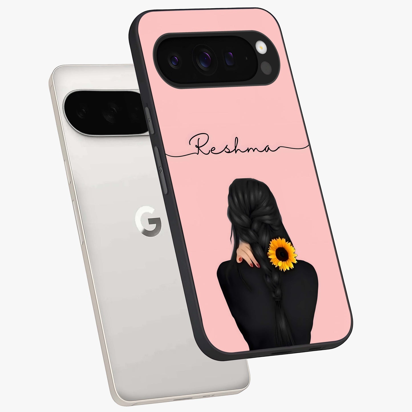 Sunflower Braid Beauty With Custom Name Glass Case displayed in angled mockup highlighting elegant sunflower design with custom name feature.