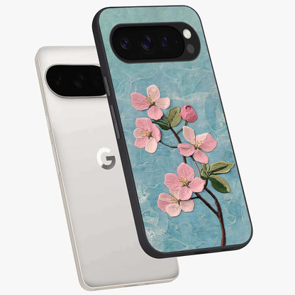 Threaded Blossom Breeze Glass Case displayed in angled mockup highlighting elegant floral design with soft aesthetic style.