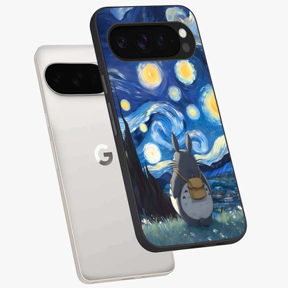 Totoro In Van Gogh Art Glass Case displayed in angled mockup highlighting artistic swirling sky design with playful animation aesthetic.