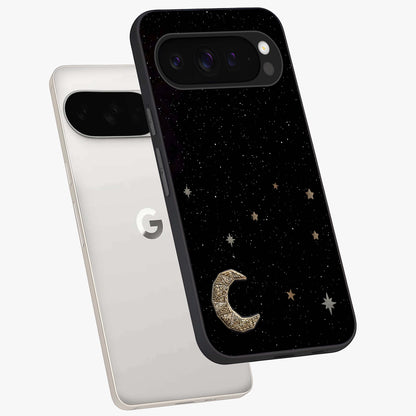 Twinkle Star With Half Moon Glass Case displayed in angled mockup highlighting celestial moon and star design with magical aesthetic.