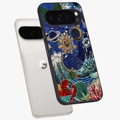 Universe Underwater Spark Glass Case displayed in angled mockup highlighting glowing aquatic design with celestial aesthetic.