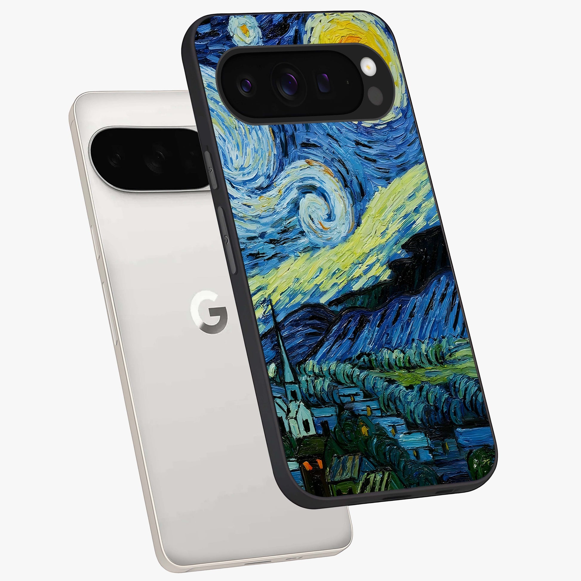 Van Gogh Art Glass Case displayed in angled mockup highlighting swirling brushstroke design with artistic aesthetic.